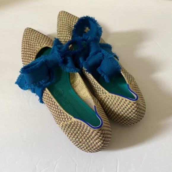 Rothy’s Women Size 10.5 Tweed Sparkle Pointed Flats with Blue Ties - Picture 2 of 6